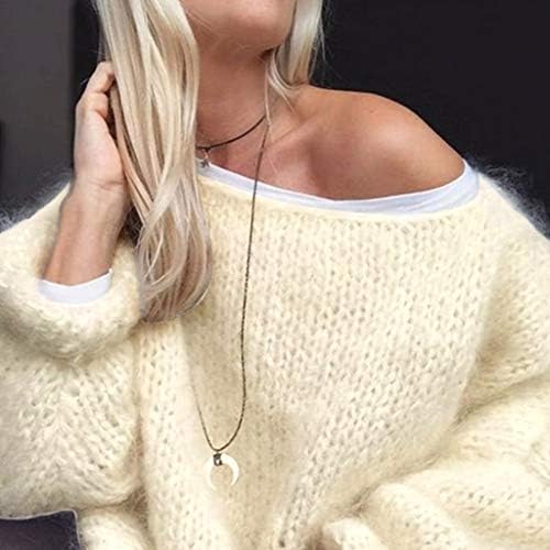 JHD Women Lantern Long Sleeve Round Neck Sweater Fluffy Fuzzy Mohair Pullover Tops Chunky Knitted Solid Color Oversized Loose Jumper