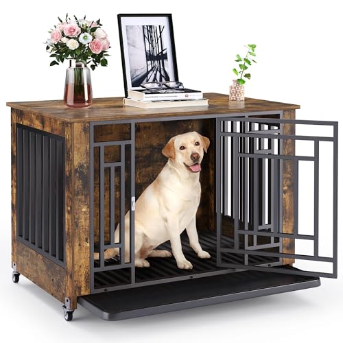 YITAHOME Dog Crate Furniture, 38.2" Heavy Duty Dog Cage, Wooden Side End Table with Wheels, Chew-Resistant Metal Dog Kennel with Removable Tray, Dog House Indoor for Small Medium Dogs, White