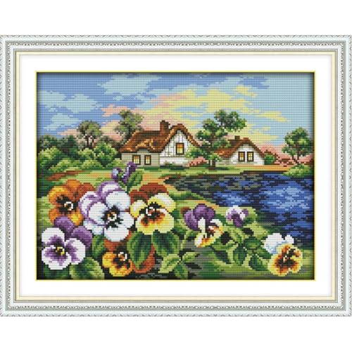Image of JOYSEWING Kitchen Table Stamped Cross Stitch, Counting Cross Stitch Kit for Adult,Embroidery Kits for Beginners DIY Home Decor --Pre Printed 11CT Patterns (The Hometown of Pansy 18.11 x14.57 inch)