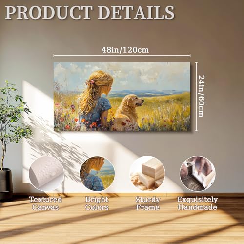 SERIMINO Portrait Landscape Wall Art, Lady and Dog Large Wall Decor, Animal Golden Retriever Cute Canvas Prints, Meadow Wildflowers Rustic House Decorations Living Room Bedroom Bathroom 24"X48"