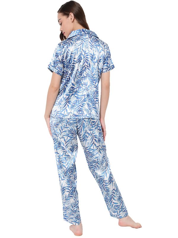 Image of Clovia Women's Crepe Printed Button Down Shirt & Pyjama Set in Grey