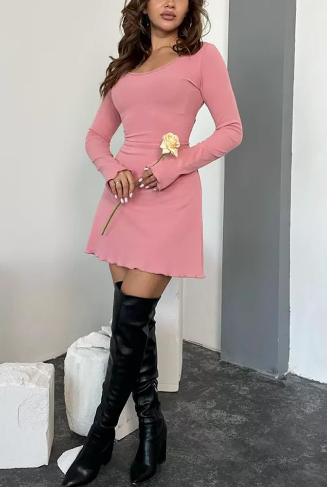 MiiVoo Women's Short/Long Sleeve Casual Mini Dress Square Neck Stretchy Bodycon Party Club Short Dresses - Image 5