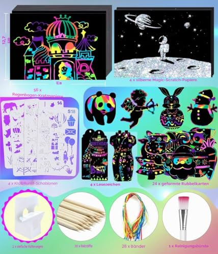 Smarkids Kratzbilder für Kinder, 143 Bastelset Regenbogen Kratzpapier zum Zeichnen und Basteln mit 24 Magic Karten 20 Holzstiften 4 Schablonen Bürste Lesezeichen Bänder Halterung für Jungen Mädchen