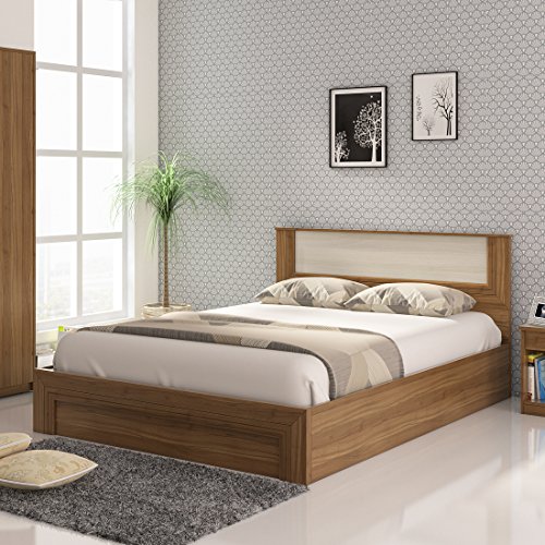 Image of Spacewood Doric Queen Size Engineered Wood Bed with Hydraulic Storage (Particle Board - Natural Teak)