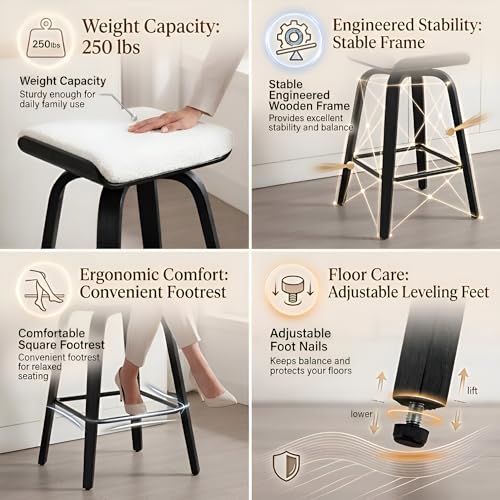 Image of HNY 26 inch Swivel Bar Stools Set of 2, Backless Counter Height Bar Stools with Removable Boucle Cushion, 360 Swivel Wooden Saddle Stools with Footrest for Kitchen Island, Home Bar & Small Spaces, White