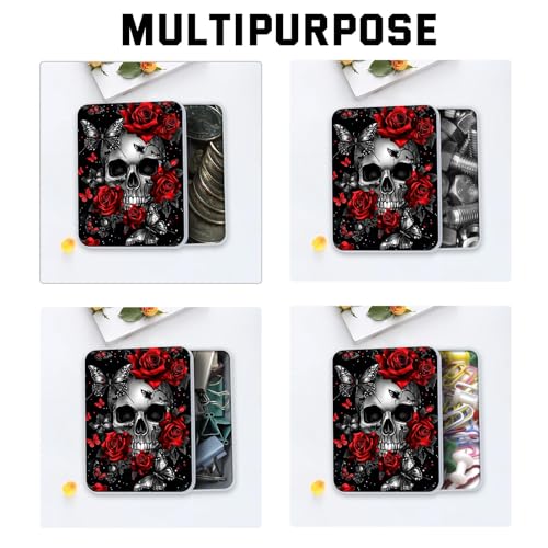 Image of Metal Tin Box with Lid,Multi-functional Storage Box Can Store Tea Biscuits Game Cards, Playing & Tarot Cards-Comes with 4 Magnetic Cord Clips,Skull Roses Butterfly