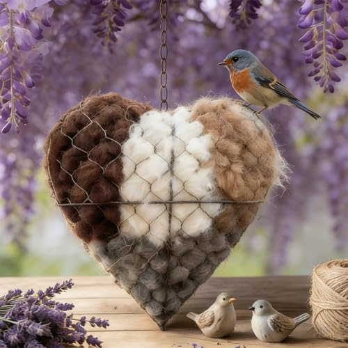 Rtwxi Handmade Fiber Bird Nesting Heart, Alpaca Fiber Bird Material House, Hummingbird Houses Nester Winter Shelter Nature, Garden Art Birdhouse, Outside Gifts for Birds Lovers (2)