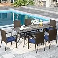 Sophia & William 7 Pieces Expandable Outdoor Dining Set for 6 People, Extendable Rectangular Cast Aluminum Patio Table and 8 Rattan Chairs Set, All Weather Patio Dining Set with 2.1” Umbrella Hole