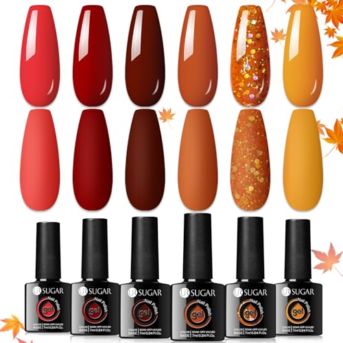 UR SUGAR Fall Winter Gel Nail Polish Set, 6 Colors Maple Pumpkin Burnt Orange Yellow Red Glitter Gel Polish Kit Autumn Halloween Thanksgiving Day Gifts Soak Off Gel Polish Nail Art Manicure Kits