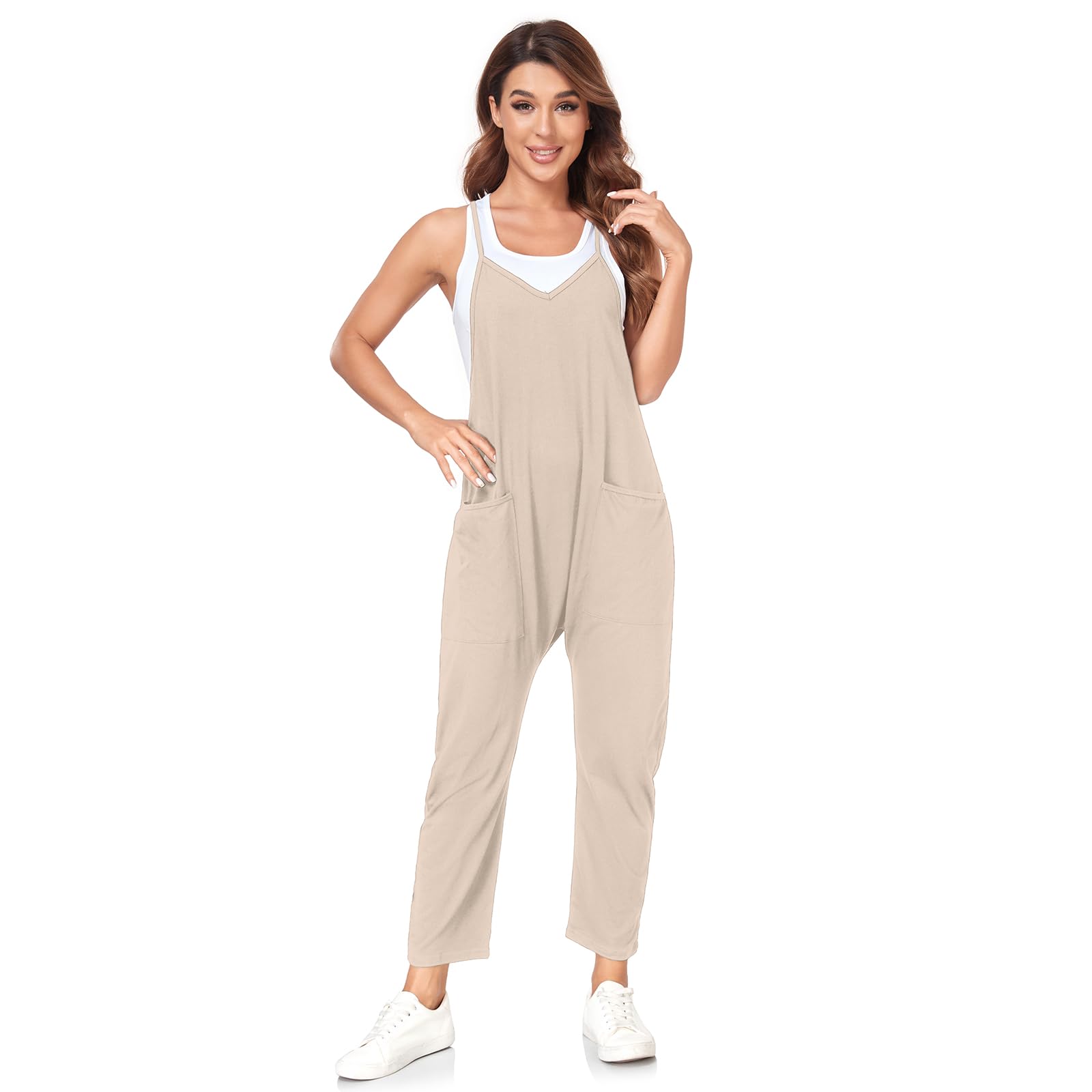 VUTRU Stylischer Damen Sommer Overall – Ärmelloser Jumpsuit mit lockerer Passform,V-Ausschnitt,trendy Spaghetti-Träger und praktischen Taschen für einen bequemen und modischen Look