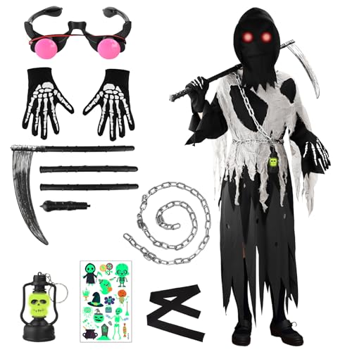 KIMIGO Disfraz de Parca para Niños,Disfraz Halloween Parca,8pcs Disfrazs de Muerte Accesorios y Utilería,130-140cm Unisexo,para Carnival Terroríficos Cosplay
