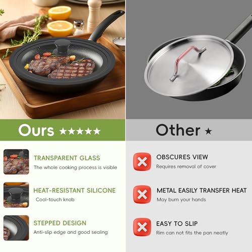 CasaCulina Universal Lid for Pots, Pans and Skillets, Tempered Glass Lid with Heat Resistant Silicone Rim Fits 10\'\', 11\'\', 12\'\' Diameter Cookware, Replacement Lid for Frying Pan & Cast Iron Skillet