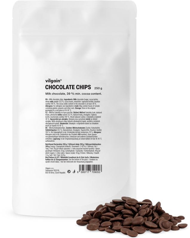 Vilgain Chocolate Chips Vollmilch 250 g Schokodrops 39% Kakao-Anteil Bourbon Vanille Backen Naschen Glutenfrei