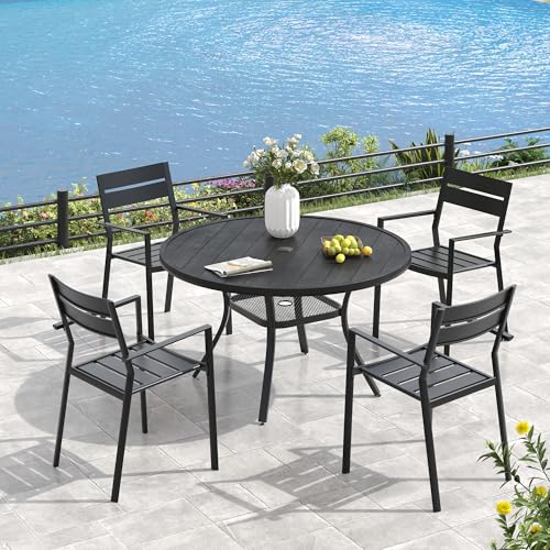 Image of VICLLAX Outdoor Patio Round Dining Table, 41.7 inchx 41.7 inch Plastic Tabletop with Storage Shelf for Deck Lawn Garden Backyard, Black