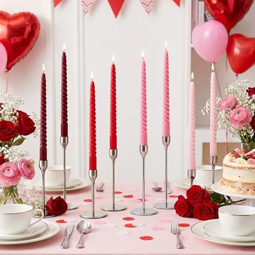 Whaline 12Pcs Gradient Red Pink Spiral Taper Candles Dripless Twisted Wax Candles 10 Inch Long Unscented Candle Sticks for Wedding Valentines Day Holiday Party Home Dinner Table Decor