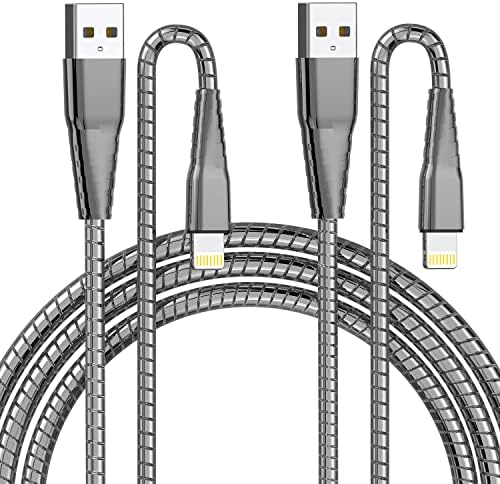 Apple MFi Certified iPhone Metal Braided Charger Cord 6.6Ft Heavy Duty iPhone Fast Charging Cable 304 Stainless Steel Lightning Cable Pet Chew Proof Data Sync iPhone Cable for iPhone/iPad - 2Pack