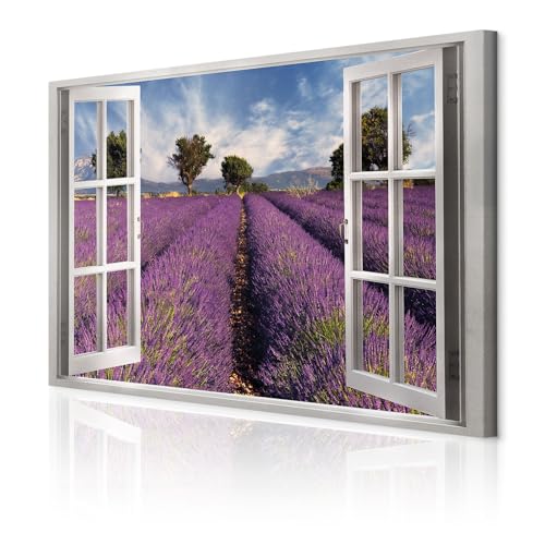 Tableau sur toile arbres et lavande paysage fenêtre de salon chic