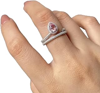 Mnyixsi 925 Sterling Silver Pink Diamond Ring for Women, Handmade Dainty Cubic Zirconia Promise Halo Engagement Ring, Austrian Crystals Stackable Statement Ring for Wedding Cocktail Size 6
