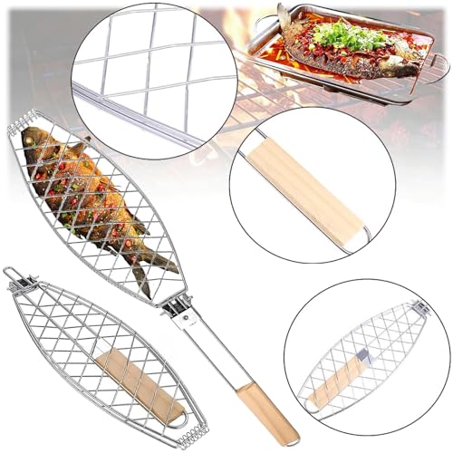 Tkxjry Fischgrillgitter aus Edelstahl, 63 * 12cm Fisch Grillhalter mit Holzgriff, Fisch Grillhalter mit Ölbürste, Fischbräter Edelstahl, Fischhalter zum Grillen, für Grillfische, Steak, Fischfilets