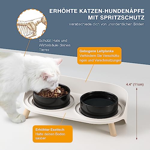 Katzen Napfset Katzennapf Erhöht Keramik - Doppelt Katzennäpfe mit Rutschfestem Ständer und Spritzschutz - Fressnapf Katze Napf - Futternapf Wassernapf Set für Katzen Welpen Kleine Hunde - 2 x 480 ML