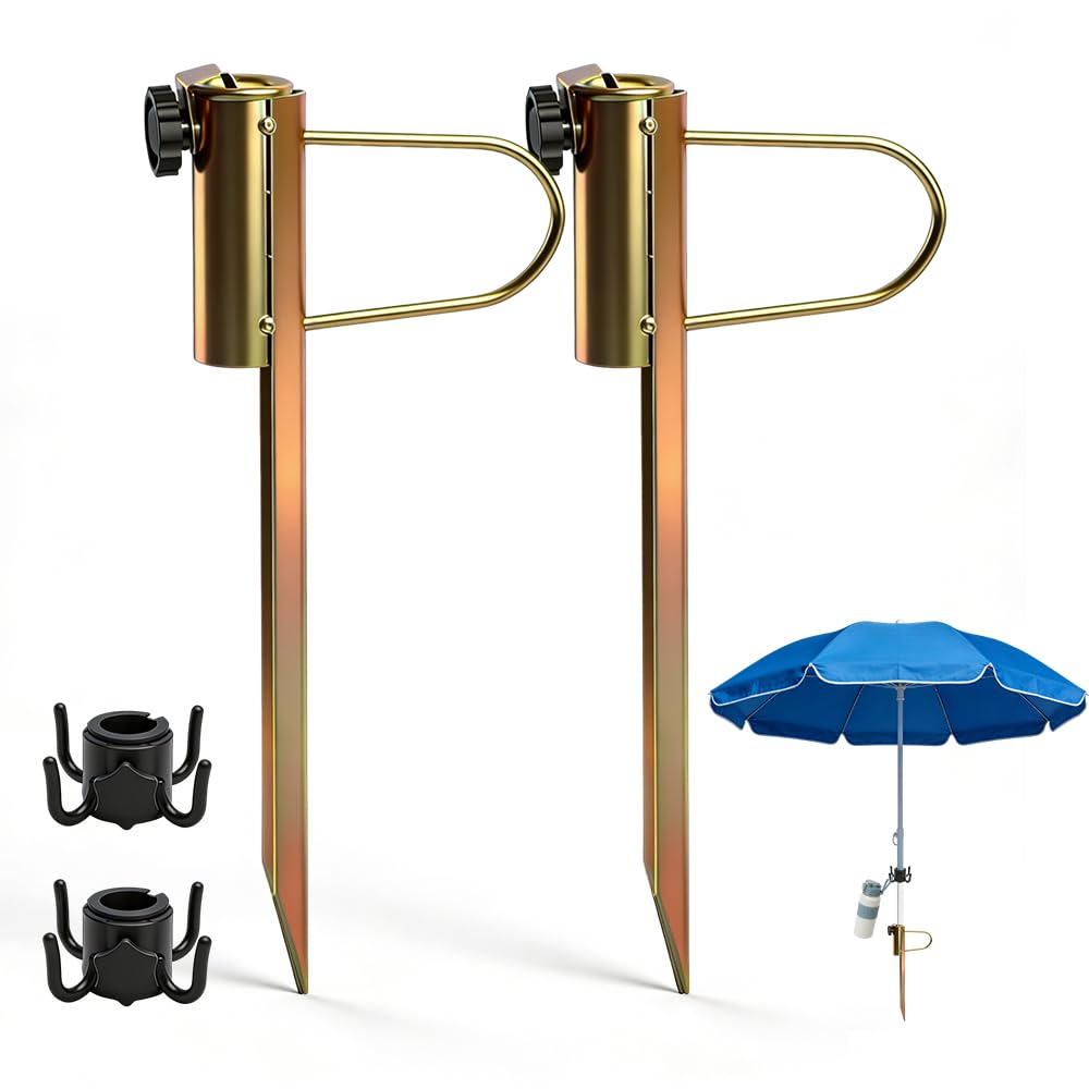 2 szt. Stojak na parasol plażowy, metalowy pik do parasola z 2 haczykami, drapak na trawnik do stojaka na parasol (średnica 20-32 mm)