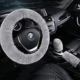 3Pcs/Set Pure Wool Fur Furry Steering Wheel Cover, Soft Fluffy Handbrake Cover Gear Shift Cover for Women Car SUV Truck Australia Sheepskin Accessories