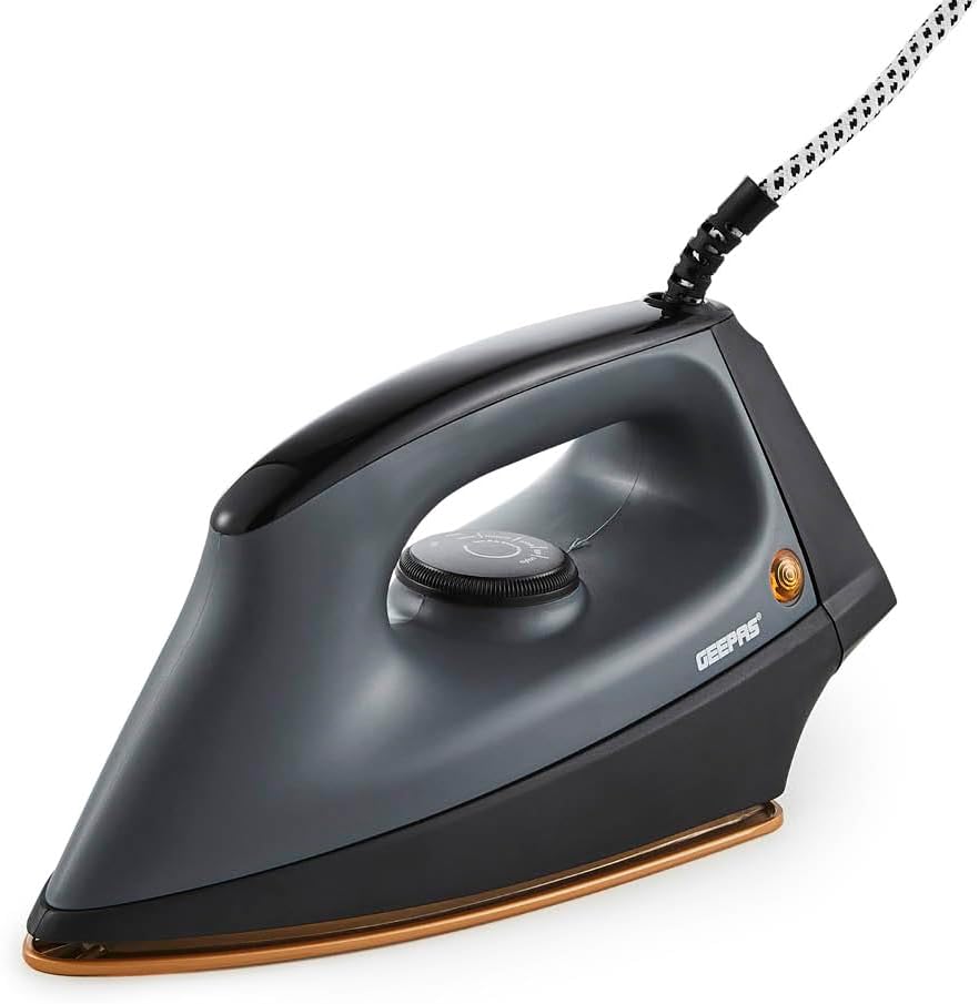 Geepas Dry Iron | Clothes Heavyweight Electric Press | 2m Initial Heat up Non-Stick Soleplate Adjustable Temperature | Overheat Protection Professional Industry Home Use | 2 Year Warranty 1200W Grey