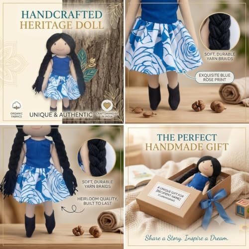 Image of Handcrafted Indian Rag Doll Set, Stitch Soft Toy Doll for Kids, Soft Cotton Fabric Yarn Cloth Doll, Traditional South Indian Soft Toys for Kids Room Decor (Blue, Floral)