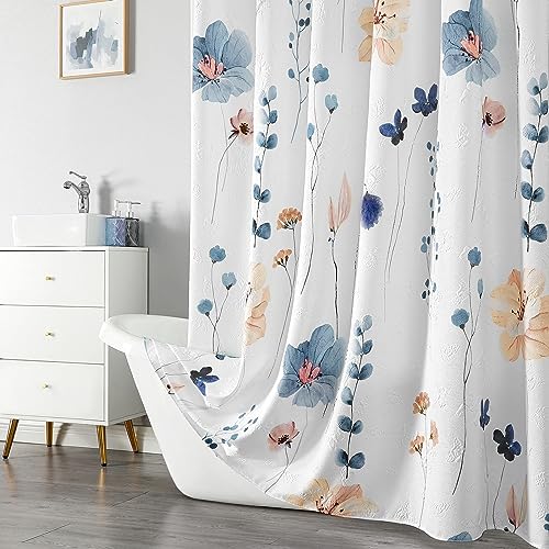Image of QiyI Watercolor Floral Shower Curtain, 3D Embossed Textured Blue Beige Flower Bathroom Curtain, Modern Minimalist White Cloth Bath Curtain, Waterproof Fabric Shower Curtain Set with Hooks, 72x72 Inch
