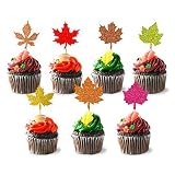 35PCS Glitter Maple Leaf Thanksgiving Holiday Cupcake toppers Fall Leaves Food Picks Pie Toppers for