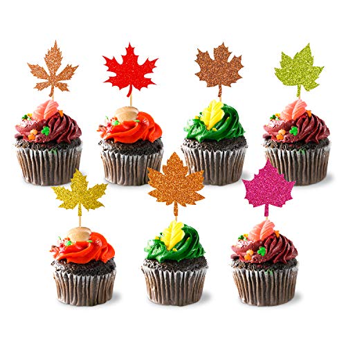 35Pcs Glitter Maple Leaf Thanksgiving Holiday Cupcake Toppers Fall Leaves Food Picks Pie Toppers For Fall Autumn Harvest Party Cake Decorations Supplies #TOP19