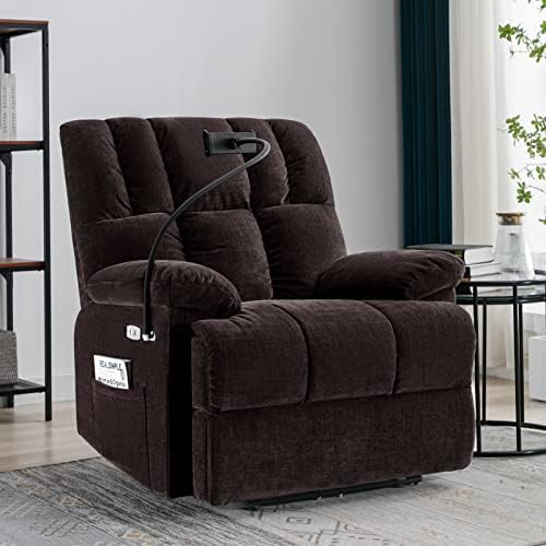 FLUSGO Power Overstuffed Lazy Boy Recliner Chair with Phone Holder, USB Port & Integrated Arms, Chenille Fabric Ergonomic Power Recliner Chair with High Resilience Sponge Side Pockets