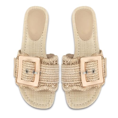 Image of ZJGZF Raffia Sandals for Women Buckle Straw flats Woven Braided Rattan Slides Summer Beach Sandals Comfort Cute Shoes