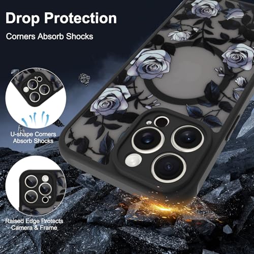 AIGOMARA for iPhone 16 Pro Case, Compatible with MagSafe, Cute Rose Flower Pattern with Semi-Transparent Frosted Phone Case for Woman Gilrs Soft TPU and PC Back Protective Slim Phone Cover Black by AIGOMARA - Used condition - Image 3
