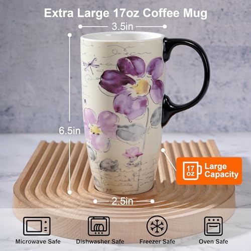 Topadorn Tall Ceramic Travel Mug 17 oz. Coffee Cups Sealed Lid With Color Box (Purple Flower)