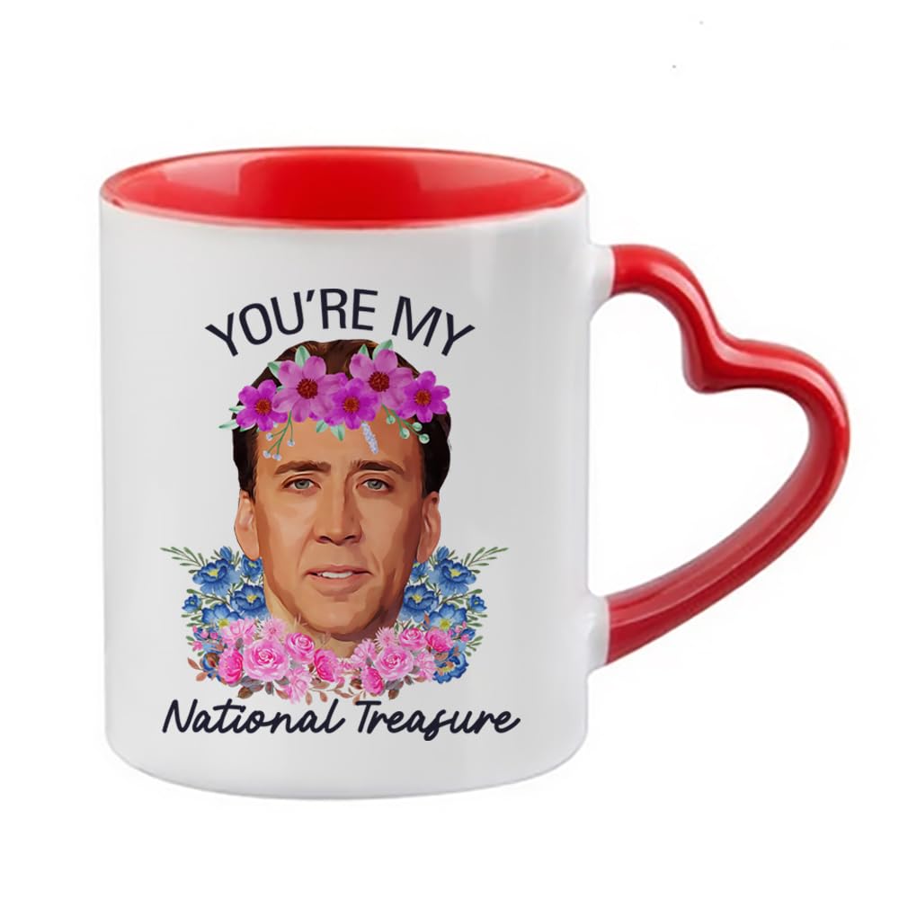 Giftme You're My National Treasure Coffee Mug, Nicolas Cage, 11oz Heart Handle Cup, Coffee, Tea Mug. (Red)