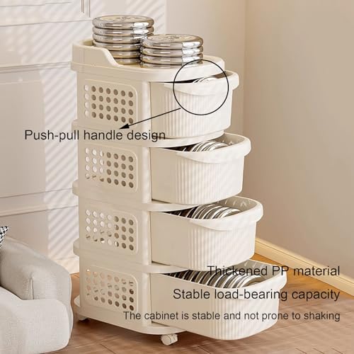 Carrello portaoggetti in plastica con cassetti e ruote, multifunzione, per bagno, camera da letto e ufficio, bianco crema (103,9 x 38,1 x 30 cm) con maniglia