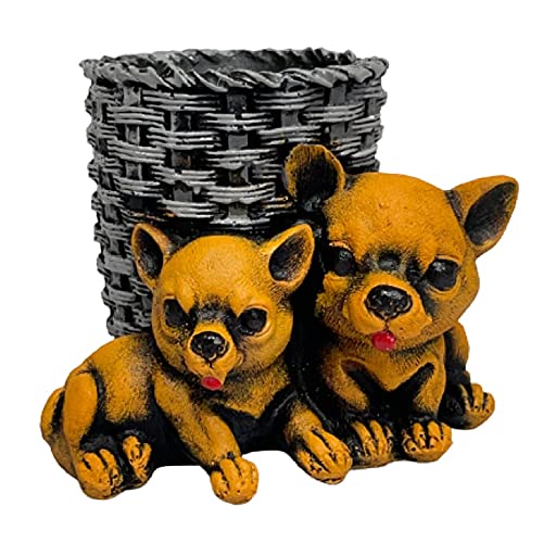 Image of AUGEN Pen Stand Decorative Hand Painted Two Puppy, Dog Design Stationery Holder | Gift Item | Table Top Decor (1051)