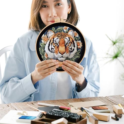 Image of FONNUY Tiger Floral Embroidery Kit, Cross Stitch Kits for Beginners, Handmade Crafts with Printed Patterns for Beginner Adults, Easy to Follow Color Thread Needlework, 8'' Hoop