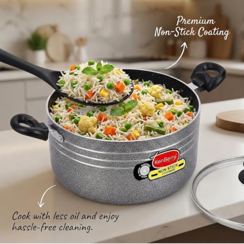 Image of KenBerry Signature Granite Finish Non Stick Casserole Biryani Pot | Stew Pot | 24 cm Diameter 5 L Capacity with Glass Lid (Aluminium, Induction Base, Nonstick)