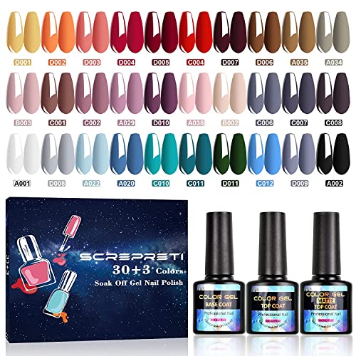Screpreti 33Pcs Gel Nail Polish Set, 30 Colors Gel Nail Polish Kit with Glossy / Matte Top Coat & Base Coat, UV/LED Soak Off Nail Art Gel Polish for Women Salon Home DIY Gifts, 8ML