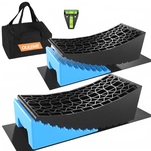 Image of OULEME RV Leveling Blocks, Camper Leveler System 2 Packs for Dual Axle Tandem Wheel Travel Trailer, Include 2 Curved Leveler Ramp, 2 Chock, 2 Rubber Mat, 1 T Bubble Level, 1 Carry Bag, Blue