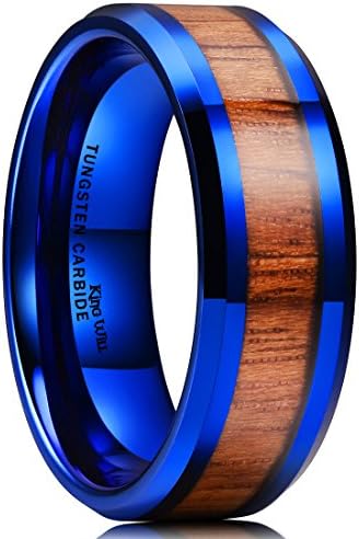 King Will Nature 8mm Mens Blue Tungsten Carbide Ring Wood Inlay Beveled Edge Wedding Band Ring 10