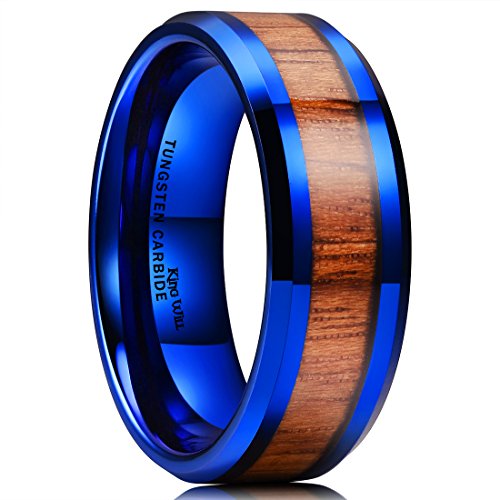 King Will Blue Tungsten Carbide Ring with Koa Wood Inlay #TOP2