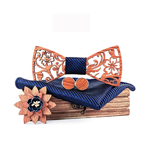 RQPYQF Ensemble de 4 Pièces Noeud Papillon en Bois, Boutons de Manchette, Broche et Carré de Poche - Fait Main, Accessoire Mode (Style#15)