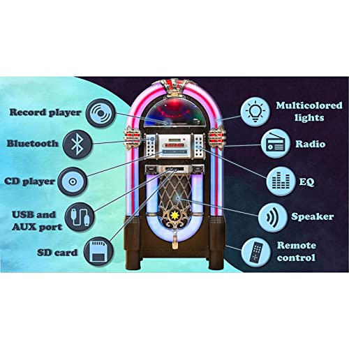 Roxby Retro Full Size Jukebox Cd Player With Bluetooth Stereo Record Player Radio Usb Aux Port Sd Card Slot And Remote Control Juke Box Multicolored Lighting And External Adapter #TOP2