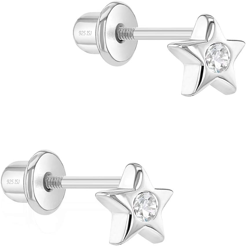 925 Sterling Silver Baby Girl's Clear Cubic Zirconia Cute Star Screw Back Earrings for Infants & Toddlers, Fun and Elegant Look