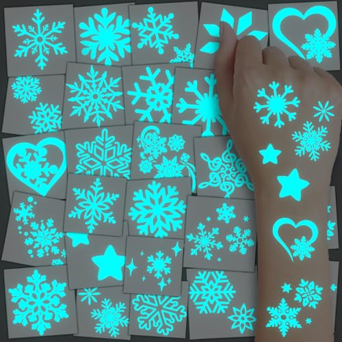 CHARLENT Tatuaggi Temporanei Blu Luminosi Neve per Bambini- 74 Fogli Singoli Tatuaggi Glitterati a Forma di Fiocco di Neve per Bambini Accessori per Feste Invernali e Natalizie