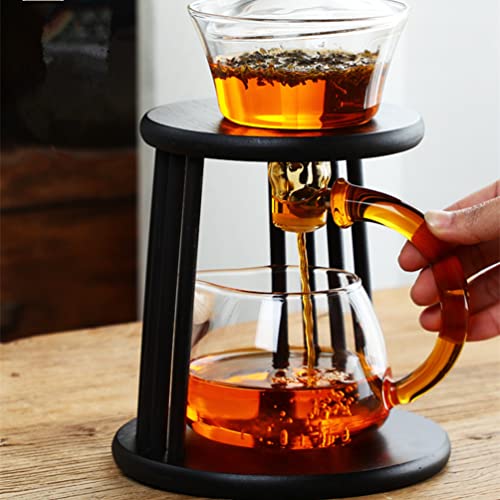 Mozeo Glass Semi-Automatic Tea Set Wooden Glass Tea Set Water Diversion Rotating Cover Bowl Lazy Tea Maker Teapot Kungfu Fu Teacup (Wooden Yellow Handle Teapot) #TOP1