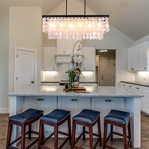 Tochic Rectangular Capiz Shell Chandelier, Coastal Beach Lighting 6 Lights, Modern Black Chandelier Shell Pendant Light For Kitchen Island, Dining Rooms, 2 Tier, 39.3" L #TOP5